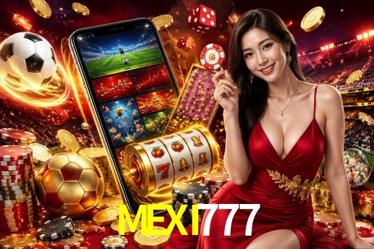 Una escena digital vívida inspirada en casino con MEXI777 mostrado prominentemente, luces brillantes, fichas, cartas y acentos dorados.